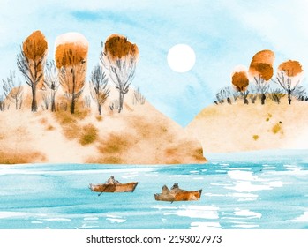 Autumn fishing. Watercolor vector landscape with fishermen on boats, blue lake, mountains and trees. Fishing in the river. Illustration with sketch for poster, postcard, banner