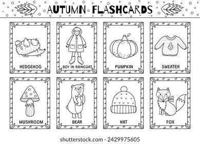 Autumn flashcards black and white collection for kids. Flash cards set with cute characters for school and preschool in outline. Learning to read activity for children. Vector illustration