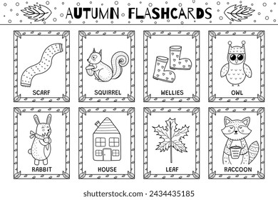 Autumn flashcards black and white collection for kids. Flash cards set with cute characters in outline for coloring. Learning to read activity for children. Vector illustration