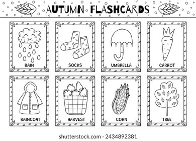 Autumn flashcards collection for kids in black and white. Flash cards outline set with cute characters for school and preschool. Learning to read activity for children. Vector illustration