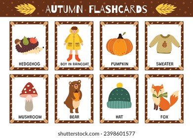 Autumn flashcards collection for kids. Flash cards set with cute characters for school and preschool. Learning to read activity for children. Vector illustration