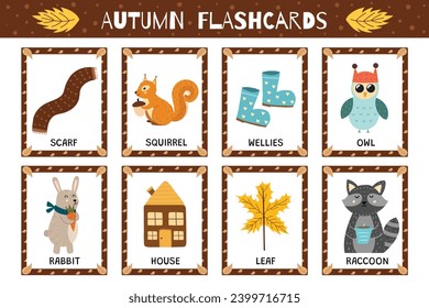 Autumn flashcards collection for kids. Flash cards set with cute characters for school and preschool. Learning to read activity for children. Vector illustration