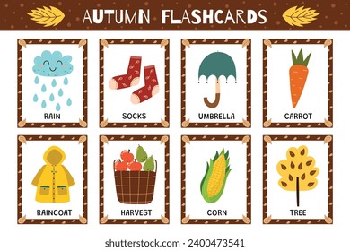 Autumn flashcards collection for kids. Flash cards set with cute characters for school and preschool. Learning to read activity for children. Vector illustration