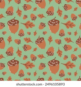 autumn flat acorn and oak leaf seamless pattern, cute cozy background, autumn season