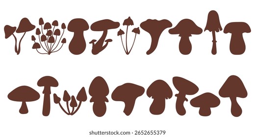 Outono. Conjunto de Silhuetas de Cogumelo Marrom Plano, Coleção Vetorial de Fungos Florestais, Estilo Desenhado à Mão Cogumelos Selvagens Ícones para Projetos de Design de outono, Botânico, Orgânico ou Natureza