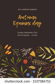 Autumn flat colorful vector background. Fall themed poster template. Seasonal event invitation, advertising flyer layout. Forest dried foliage and berries decorative backdrop with place for text.