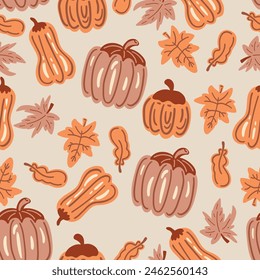 Autumn flat design leaves and pumpkin seamless pattern