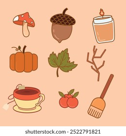 autumn  flat design set editable color, mushroom, oak, candle, pumpkin, leaf, branch, tea, cherry, broom illustration. 