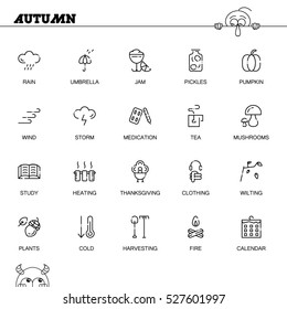 Autumn flat icon set. Collection of high quality outline symbols of season for web design, mobile app. Vector thin line vector icons or logo ofstudy, mushrooms, pumpkin, rain, heating, etc. 