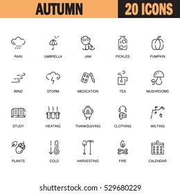Autumn flat icon set. Collection of high quality outline symbols of season for web design, mobile app. Vector thin line vector icons or logo ofstudy, mushrooms, pumpkin, rain, heating, etc. 