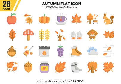 Autumn flat icon set.Vector illustration of fall season elements. 