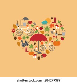 autumn flat icons arrange in the form of heart, vector for design