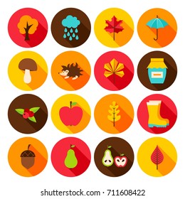 Autumn Flat Icons. Vector Illustration. Set of Circle Fall Seasonal Objects.