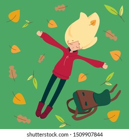 Autumn flat illustration cute young peaceful blond girl in red hoodie chilling by laying with her hair up on the grass with her school  backpack and colorful leaves around