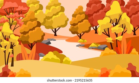 Autumn Flat Illustration Theme View, Forest with Pond in the center