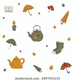 Autumn flat illustration.Bright teapots,socks,candles,books,umbrellas and leaves on white background.Comfort in the rainy season.Perfect background for banner,poster,flyer,.