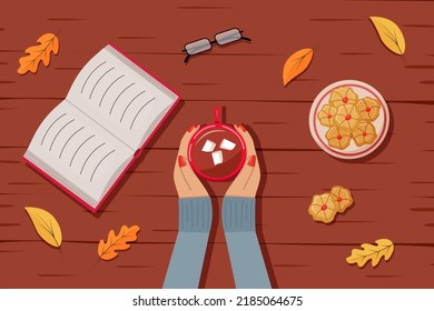 Autumn flat lay background, female hands holding a cup of hot chocolate, cookies, glasses and a book. Cozy fall concept. Vector illustration