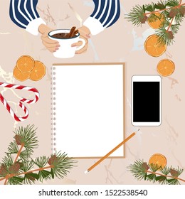 Autumn flat lay background with workplace in a coffee shop, Women's hands holding a mug of cappuccino on marble background with dries orange slices, notebook, smartphone, pencil, Top view 