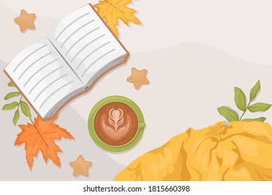 Autumn flat lay with the book, wool scarf, coffee and autumn leaves. Flat vector illustration. Place for text