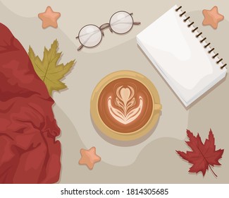 Herbstflach lag mit Notizbuch, Brille, Wollschal, Kaffee und Herbstblätter.