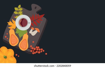 Autumn flat lay pumpkin and coffee on wooden board and leaves vector