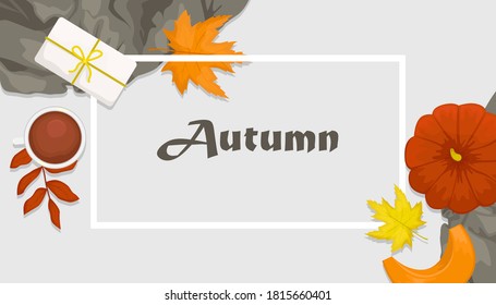 El otoño se acostó con la calabaza, el regalo, la bufanda de lana, el café y las hojas de otoño. Ilustración vectorial plana. Lugar para el texto