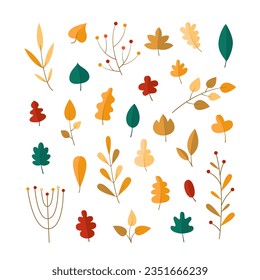 Autumn Flat Leaf Collection. Fall Design Elements. Cute Cartoon Leaves, Branches, Twigs Set.