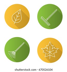 Autumn flat linear long shadow icons set. Rakes, leaves. Vector outline illustration