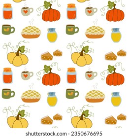 Autumn flat seamless pattern with pumpkin pie, cup of coffee, jar of jam.	