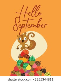 Ilustración vectorial de estilo plano otoñal con hojas dibujadas a mano aisladas en fondo blanco. Plantilla de diseño colorido para la tarjeta de felicitación.