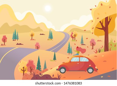 Autumn flat vector background with hills, forest and falling leaves. Young woman admires nature and photographs a beautiful autumn landscape. Car trip concept.