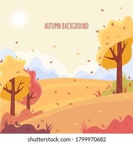 Autumn flat vector background with valley, hills, forest and falling leaves. Yellow and red trees, bushes. Flat cartoon style vector stock illustration.