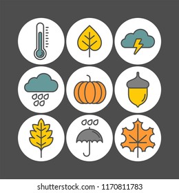 Autumn flat vector icons set. Thermometer, leaves, acorn, rain, umbrella, clouds, pumpkin flat vector icons