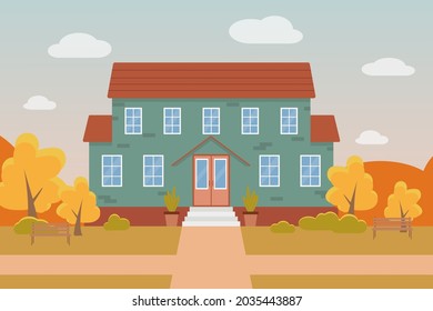 Ilustración vectorial plana de otoño de una casa verde, sobre el fondo del paisaje otoñal.