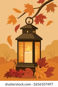 Autumn flat vector illustration with lantern and lit candle surrounded by autumn leaves and berries. Warm and cozy design for seasonal cards, posters or decor