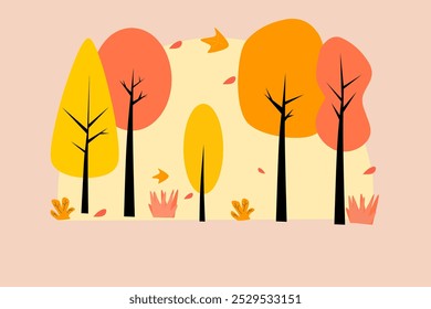 Autumn flat vector landscape illustration with trees and leaves