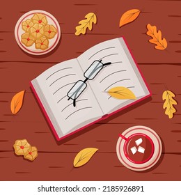 Autumn flatley background, a cup of hot chocolate, cookies, glasses and a book. Cozy fall concept. Vector illustration
