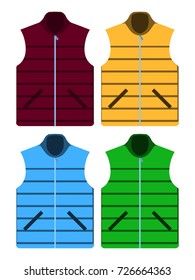 autumn fleece vest jacket set isolated vector on the white background Yellow, red, blue and green. Flat design Vector Illustration