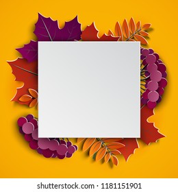 Autumn floral 3d paper cut frame and paper colorful tree leaves on yellow background. Autumnal design for fall season sale banner, poster, flyer, web site, paper cutout style, vector illustration