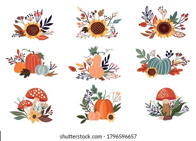 Autumn floral arrangements set isolated on white, with pumpkins, sunflowers and mushrooms