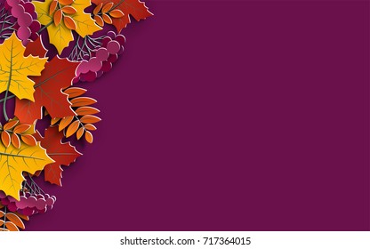 Autumn Floral Background With Colorful Tree Leaves On Yellow Background, Design Elements For Fall Season Banner, Poster, Flyer Or Thanksgiving Greeting Card, 3d Effect Imitation, Vector Illustration