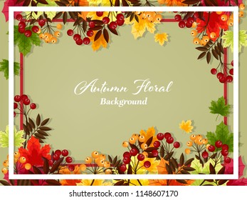 Autumn floral background of frame with maple leaves and berry branches on a light green background for your copy space. Vector illustration.
