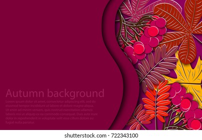 Autumn floral background. Maple and chestnut leaf, rowanberry branch with decorative frame for text. Design elements for fall seasonal banner, poster, teacher's Day or Thanksgiving greeting card.