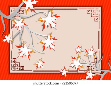Autumn floral background. Maple tree on original orange background with decorative frame for text. Design elements for the fall seasonal banner, poster, flyer, billboard or Thanksgiving greeting card.