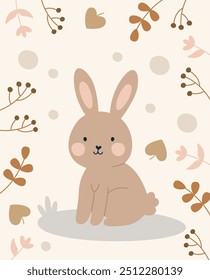 Autumn Floral Background Rabbit Card Vector Illustration