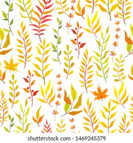 Autumn floral background. Vector seamless pattern with red and yellow branches leaf berries on white background. Perfect for holidays, covers