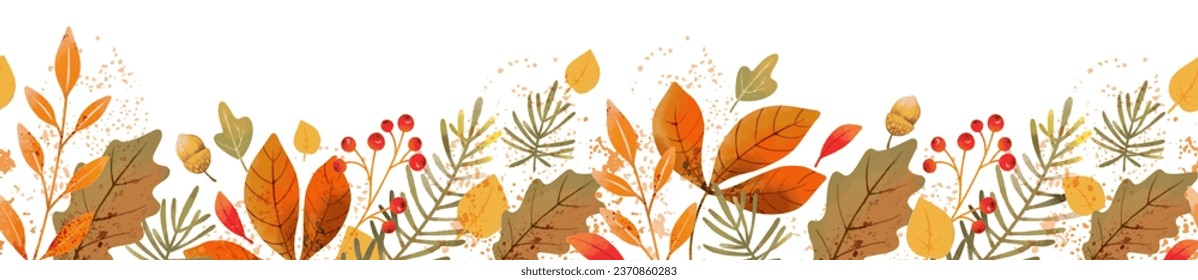 Autumn floral border. Seamless horizontal pattern with hand drawn watercolor leaves. Decoration for Fall, Thanksgiving and Harvest Day design. Vector illustration