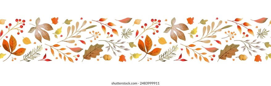 Autumn floral border. Seamless horizontal pattern with hand drawn watercolor leaves. Path with leaves, berries and acorns. Decoration for Fall, Thanksgiving and Harvest Day design. Vector illustration