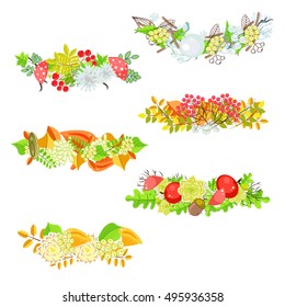 Autumn floral border vector set. Flowers, leaves and berries bouquet composition for cards decoration.