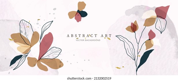 Fondo del patrón artístico floral y botánico otoñal. Papel de color agua de lujo con brillo dorado, flores y hojas. Arte elegante perfecto para arte en la pared, banner, boda, invitación y decoración.